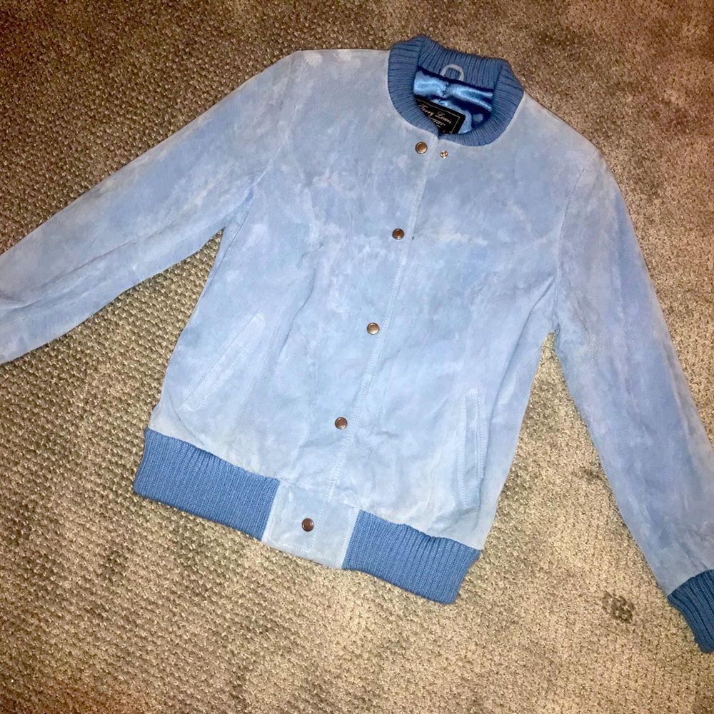 VINTAGE TERRY LEWIS LEATHER JACKET-EXC COND-BABY BLUE/POCKETS/TRIM ALL INTACT